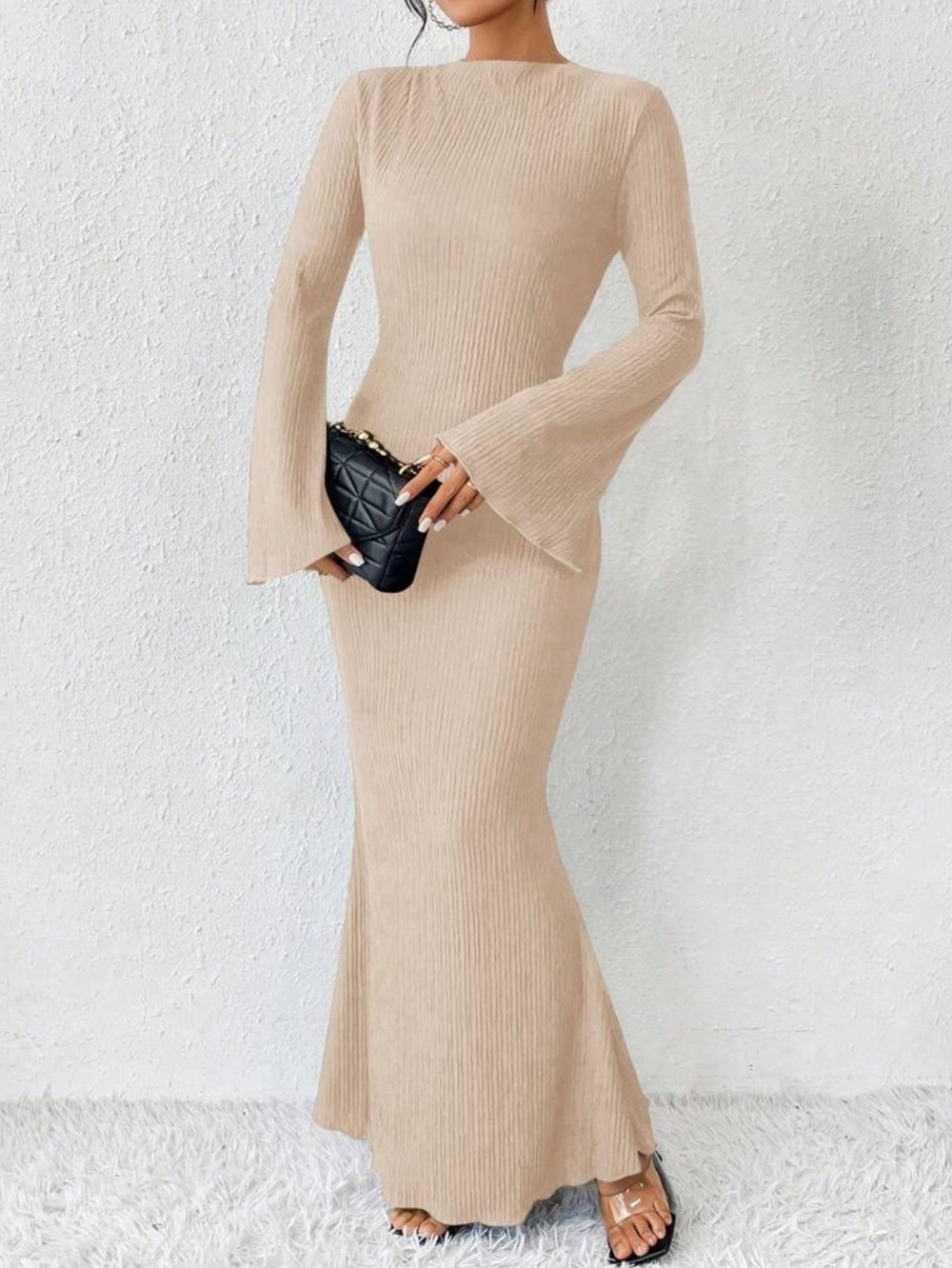 Ribbed Knit Bell-Sleeve Maxi Dress in Beige